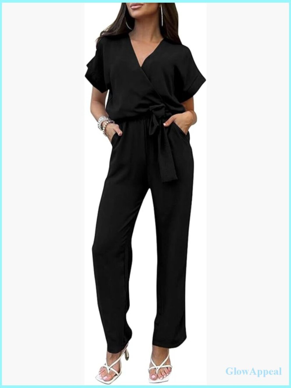Wide Leg Jumpsuit with Pockets V Neck Romper Dressy Casual